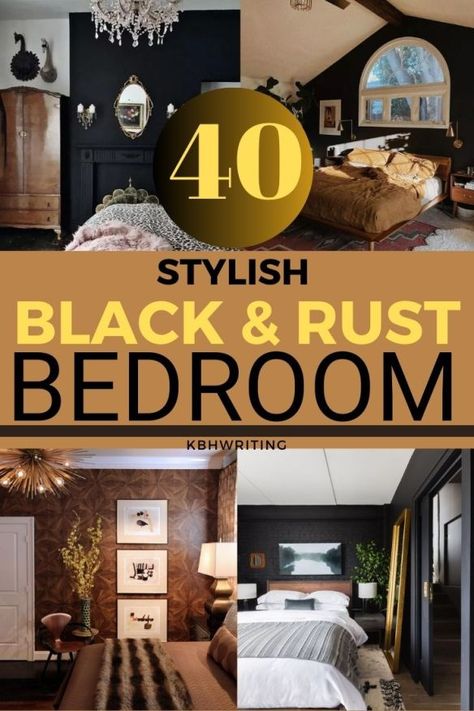 Black Color Palette Bedroom, All Black Bedroom Aesthetic, Black And Caramel Bedroom, Men’s Bedroom Color Scheme, Black And Camel Bedroom, Black Headboard Bedroom Color Schemes, Rust Bedroom Ideas, Black And Copper Bedroom, Dark Neutral Bedroom