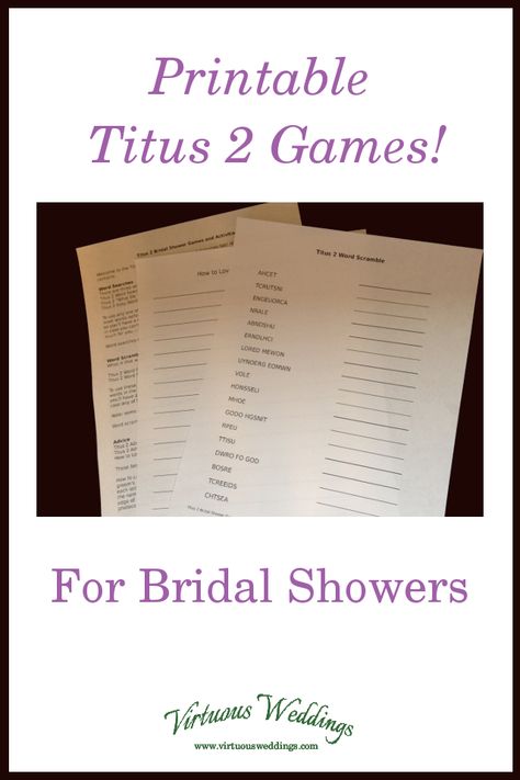 Planning a Titus 2 themed bridal shower? This set of eleven printable bridal shower games and activities is centered around the women in Titus chapter 2.  It’s a great printable game set for a bridal shower for an aspiring Titus 2 woman! Titus 2 Woman, Titus 2, Activities Printable, Printable Bridal Shower Games, Wedding Shower Games, Bridal Shower Diy, Bible Versions, Games And Activities, Sewing Book