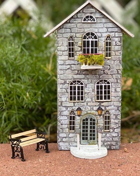 Wooden Miniature House, Mini Wooden Houses, Wooden Miniature, Fairy House Crafts, Garden Pond Design, Amsterdam Houses, Small Wooden House, Wood Block Crafts, Diy Christmas Village