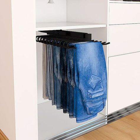 Looking for a sleek and modern way to store your trousers? Check out the 11 hooks Trouser rack! This stylish trouser rack is steel with 2 electrostatic paint baths in anthracite gray, giving it a tremendous modern appearance. It has a central sliding rail that allows you to load pants on each hardware side. Balancing the load equally on each side of the pants is essential to achieve better performance. The module height is based on pants 1100mm in length, so you can ensure your trousers will fit Jean Organization, Pants Organization, Trouser Hangers, Pants Rack, Pant Hangers, Hanging Closet, Small Closet Organization, Small Closet, Garment Racks