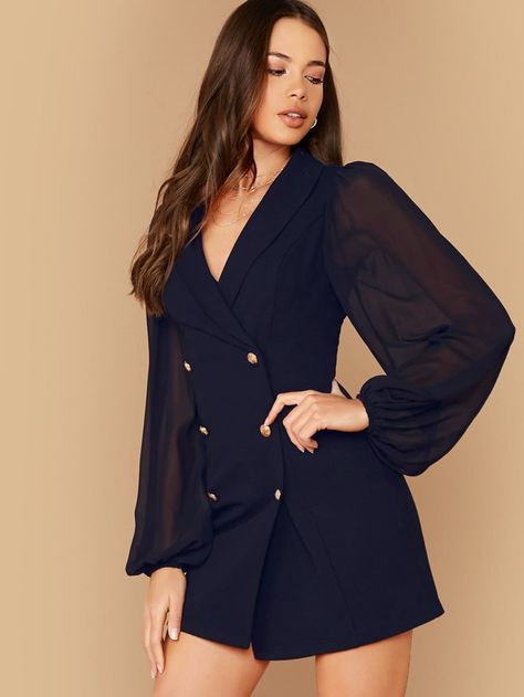 Shawl Collar Sheer Bishop Sleeve Double Breasted Blazer Dress | SHEIN Double Breasted Blazer Dress, Ruffle Hem Blouse, Blazer Mini Dress, Striped Tunic Dress, Dress With Shawl, Pakaian Feminin, Ribbed Knit Dress, Bishop Sleeve, Women Shawl