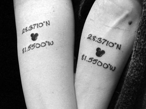 CafeMom.com : Coordinates : 50 Matching Couples Tattoos to Share Forever & Ever -- This is a sister tattoo, but would work just as well for a couple! So what's the deal with those numbers? "We chose the coordinates of EPCOT's Spaceship Earth since we spent a large portion of our childhood in \[Walt Disney World\]." Get the latitude and longitude of your special spot inked on you both. Think: Your first date, where you met, etc. You can find the coordinates of most locations through Google Ma... Latitude Tattoo, Matching Couples Tattoos, Sister Tattoos Ideas, Faith Tattoo On Wrist, Inspiring Quote Tattoos, Cute Matching Tattoos, Couples Tattoos, Matching Sister Tattoos, Hamsa Tattoo