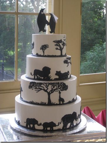 This could be done with bride and groom using scenes from their wedding venue or any sentimental place... Africa Cake, African Wedding Cakes, Zoo Cake, Penguin Wedding, Silhouette Wedding Cake, Safari Wedding, Silhouette Cake, Zoo Wedding, House Farm