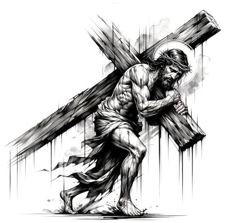 Jesus Carrying The Cross Tattoo, Crucifixion Tattoo, Jesus On Cross Tattoo, Jesus Carrying Cross, Jesus Carrying The Cross, Jesus Sketch, Christus Tattoo, Religion Tattoos, Jesus Christ Tattoo