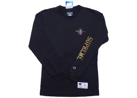 SUPREME CHAMPION STACKED C L/S TEE BLACK. #supreme #cloth Black Supreme, Long Sleeve Tee Shirt, Hot Sneakers, Long Sleeve Tee Shirts, Jordan Retro, Adidas Yeezy, Long Sleeve Tee, Black Tee, Trading Cards