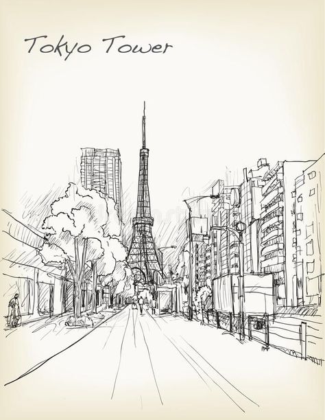 Tower Drawing, City Sketch, Hand Lines, Tokyo City, Draw Illustration, City Drawing, Free Hand Drawing, Architecture Drawing Art, Tokyo Tower