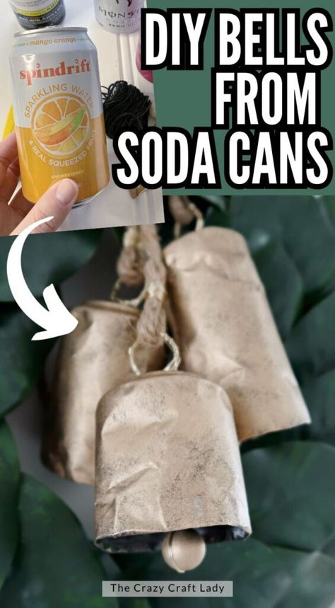 How To Make Bells From Tin Cans, Diy Bells From Cans, Beer Can Ornaments Diy, Xmas Bells Diy Ornaments, Tin Can Bells Diy, Upcycle Salt And Pepper Shakers, Christmas Cans Crafts, Diy Cowbells For Christmas, Diy Faux Christmas Bells