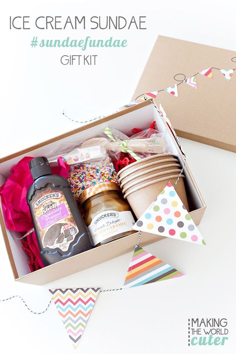 Want to spread a little joy to friends or family? Make one of these fun and easy to put together ice cream sundae gift box. They just need ice cream! Ice Cream Gift Basket, Box Gift Ideas, Ice Cream Gift, Ice Cream Sundaes, Presente Diy, Diy Ice Cream, Ge Bort, Diy Gift Baskets, Unique Diy Gifts