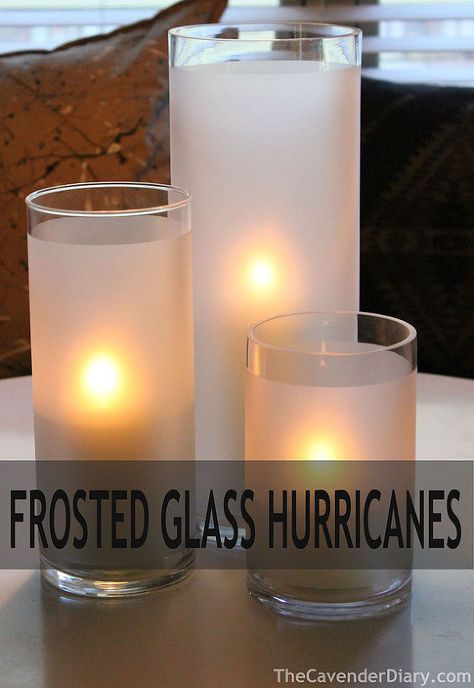 Simple frosted glass hurricanes.  Find glass vases at goodwill.  Tape off pattern or edges.  Spray with Rustoleum Frosted Glass. Frosted Glass Diy, Frosted Glass Paint, Whimsical Crafts, Glass Spray Paint, Frosted Glass Spray, Wedding Diys, Vase Transparent, Glass Cylinder Vases, Old Vases