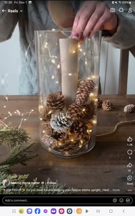 Vase Christmas Decor, Pinecone Centerpiece, Empty Paper, Vase Centerpiece, Clear Vase, Vase Centerpieces, Paper Towel Rolls, Paper Towel, Pine Cones