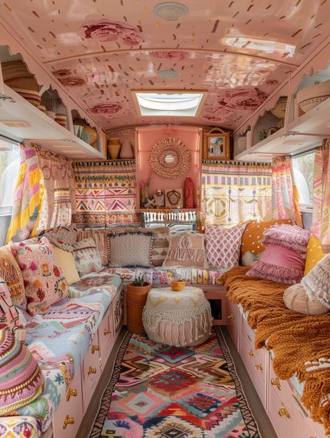 Bachelorette Cottage, Camper Design Ideas, Shabby Chic Campers, Hippie Camper, Rv Living Room, Boho Camper, Glamper Camper, Caravan Decor, Camper Design