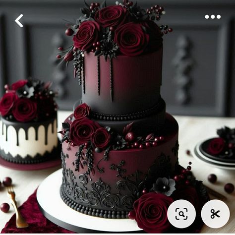 Moody Cake Wedding, Gothic Beauty And The Beast Wedding, Gothic 15 Party, Dark Burgundy And Black Wedding, Masquerade Wedding Cake, Goth Wedding Cake Ideas, Black And Red Wedding Cake Elegant, Cake Slice Decoration Ideas, Burgundy And Black Wedding Bouquet