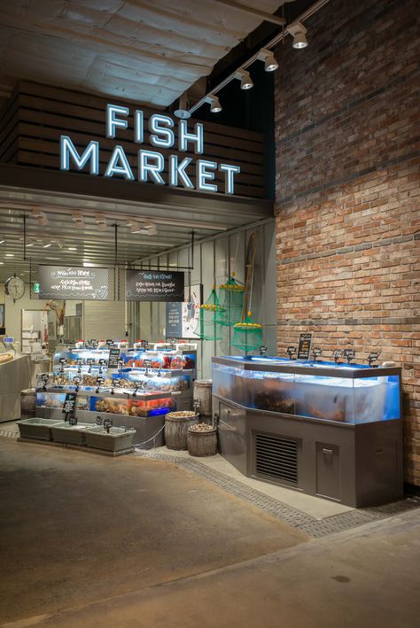 Market Design Ideas, Fish Market Design, Korean Grocery Store, Millwork Design, Wet Market, Seafood Shop, Korean Grocery, Container Cafe, Grocery Store Design