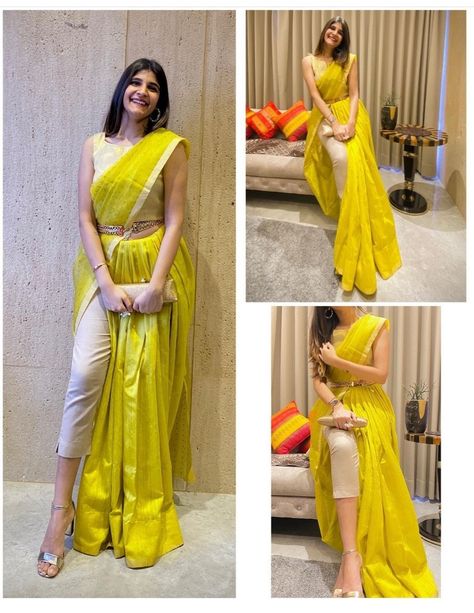 Saree With Kurti, Fusion Saree Style, Saree With Pants Fashion Styles, Saree Transformation To Dress, Mismatch Theme Outfit, Indowestern Saree Draping, Indowestern Outfits Women, Indowestern Outfits Casual, Mismatch Outfit Ideas