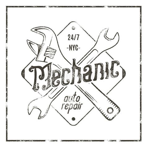 Mechanic auto repair label. Vintage tee design graphics, complete car repair typography print. Custom t-shirt stamp royalty free illustration Monochrome Artwork, Mechanics Logo, Mobile Mechanic, Print Typography, Blue Abstract Art, Car Repair, Design Graphics, Vintage Tee, Typography Prints