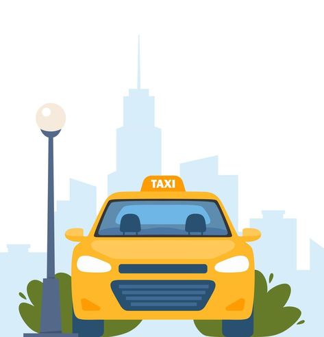 Yellow Taxi Car, front view, on city landscape background. Vector illustration for web application get taxi. Taxi Illustration, Taxi Drawing, Car Front View, Taxi Car, Yellow Taxi, Landscape Background, Car Illustration, Illustration Character, City Landscape