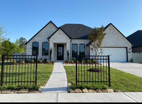 Light Gray Brick House, Grey Brick, Brick Exterior, Brick Exterior House, Black Windows, Two Story Homes, Exterior House, Exterior Brick, Brick House