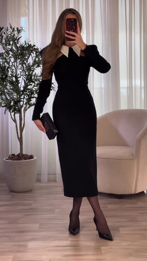 All Black Dress Outfit Classy, Winter Outfits Classy Elegant, All Black Dress Outfit, Casual Elegant Outfits, Diana Style, Nice Black Dress, All Black Dresses, Women Dresses Classy, Black Dress Outfits