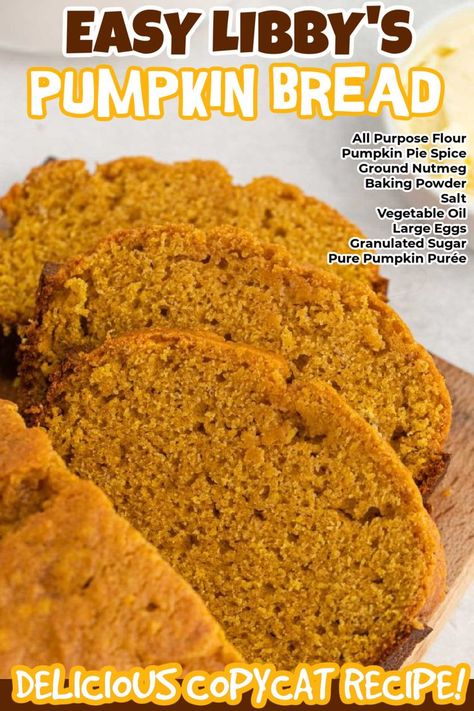 If you love making homemade bread, then you need to make Libby's Pumpkin Bread Recipe. It is full of pumpkin flavor and easy to make. This delicious quick bread is always a crowd favorite and you can easily add in raisins, nuts or chocolate chips. #eatingonadime #libbyspumpkinbread #pumpkinbread Libbys Pumpkin, Pumpkin Chocolate Chip Bread, Pumpkin Bread Recipe, Pumpkin Flavor, Pumpkin Pie Spice, Pumpkin Bread, Quick Bread, Pumpkin Puree, Copycat Recipes