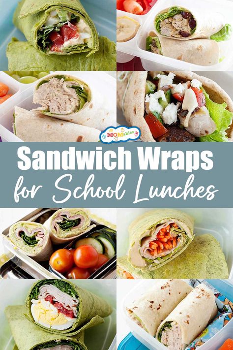 different types of wraps for school lunches from chicken salad wraps to cobb salad wraps and so much more Kids Lunch Wrap Ideas, Lunch Meat Wrap Ideas, Wrap Sandwiches Recipes, School Lunch Sandwich Ideas, Non Sandwich Lunches For Kids, Make Ahead Wraps, Cold Wraps For Lunch, Wraps For School Lunch, Wrap Sandwich Ideas