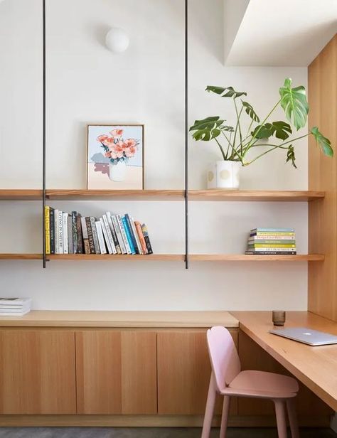 Office With Long Desk, Desk Middle Of Room, Narrow Office Space Ideas, Open Shelves Bedroom, Open Storage Ideas, Minimal Home Office, Desk Nook, Mid Century Office, California Bungalow