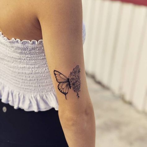 Fine Line Floral Butterfly Tattoo, Butterfly Tattoo With Flowers, Butterfly Half Flower Tattoo, Half Butterfly Half Flower Tattoo, Fine Line Butterfly Tattoo, Line Butterfly Tattoo, Fine Line Butterfly, Butterfly Tats, Line Butterfly