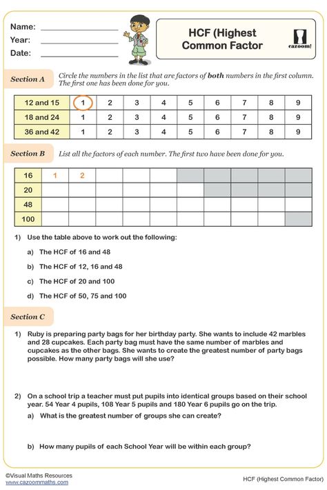 This educational worksheet offers students a hands-on way to strengthen their understanding of the highest common factor (HCF). By analyzing the common factors of numbers, determining the HCF for pairs of numbers, and solving word problems involving HCF, students can enhance their math skills in an engaging manner. Perfect for practicing and applying HCF concepts in a variety of contexts, this worksheet provides valuable reinforcement for learners aiming to master this mathematical concept. Factors Of Numbers, Year 9 Maths Worksheets, Highest Common Factor, Lowest Common Multiple, Ks3 Maths Worksheets, Year 8 Maths Worksheets, Ks1 Maths Worksheets, Year 6 Maths Worksheets, Year 5 Maths Worksheets