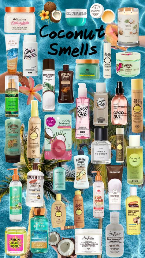 Coconut smells for summer!😋🥥🤙🏼🌊🌤️ #nature #vibes #art #coconut #summer #smells #coconutsmell #ocean #beach #beachbabe #outfits #beauty #tumblr #boho Coconut Beauty Products, Beach Esencial, How To Smell Like The Beach, How To Smell Like Coconut, Smell Like The Ocean, Summer Smells, Coconut Smell, Smell Like Summer, Summer Smell