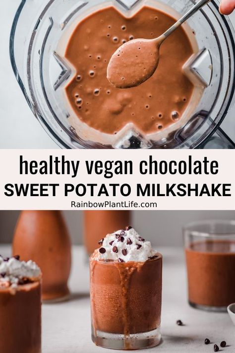 Vegan Chocolate Sweet Potato Milkshake | Rainbow Plant Life     This Vegan Chocolate Sweet Potato Milkshake is a healthy yet indulgent chocolate milkshake! Creamy thanks to frozen bananas and baked sweet potatoes and packed with antioxidants from raw cacao powder and spices. Click to get this milkshake! Chocolate Sweet Potato, Dairy Free Milkshake, Rainbow Plant Life, Healthy Milkshake, Sweet Potato Smoothie, Breakfast Vegan, Vegan Breakfasts, Vegan Breakfast Easy, Japanese Sweet Potato