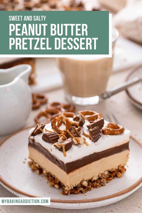 With a sweet and salty pretzel crust, fluffy peanut butter layer, and silky chocolate pudding, this peanut butter pretzel dessert is a decadent twist on peanut butter pie. No Bake Peanut Butter Chocolate Pretzel Pie, No Bake Peanut Butter Pretzel Pie, Peanut Butter Pie With Pretzel Crust, Chocolate Peanut Butter Pretzel Pie, Chocolate Peanut Butter Pretzel Dessert, Peanut Butter Lovers Desserts, Peanut Butter Delight No Bake, Chocolate Pb Desserts, Peanut Butter Pretzel Pie With Chocolate