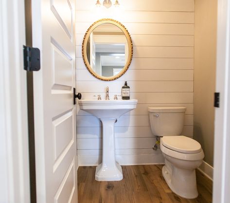 Half Bath Accent Wall, Half Bathroom Decor Ideas, Modern Coastal Bathroom, Coastal Bathroom Decor, Half Bathroom Decor, Alexander Home, Shiplap Bathroom, Beautiful Bathroom Designs, White Shiplap