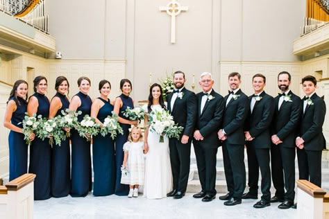 Dark Navy And Black Wedding, Navy And Black Wedding Party, Navy Blue Bridesmaids And Groomsmen, Navy Satin Bridesmaid Dress, Dark Navy Wedding, Dark Blue Bridesmaids, Navy Bridesmaids Dresses, All Navy Wedding Party, Navy Bridesmaids And Groomsmen