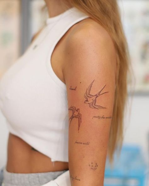 Julia Mo on Instagram: "All photos with no filters #smalltattoo #littletattoo #tinytattoo #swallowtattoo #delicatetattoo #girlytattoo #polandtattoos #polishtattoo #bydgoszcz #bydgoszcztattoo #polishgirl #tattooquotes" Back Of Arm Eye Tattoo, Words Tattoos For Women On Arm, Outer Upper Arm Tattoos For Women, Tattoo Arms Woman, Outside Arm Tattoo Women, One Arm Tattoo, Women Tattoos Arm, Bird Tattoo Placement, Back Arm Tattoo Women