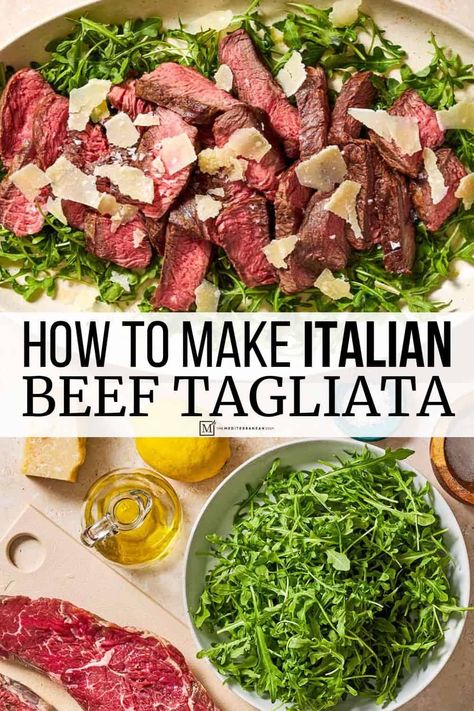 Beef Tagliata, or Tagliata di Manzo, is an Italian steak recipe served over a lemony arugula salad and finished with shaved parmesan. Beef Tagliata Recipe, Italian Steak Dinner, Rustic Italian Food, Beef Italian Recipes, Italian Steak Recipes, Tagliata Steak, Steak Arugula Salad, Steak Tagliata, Shaved Steak Recipes