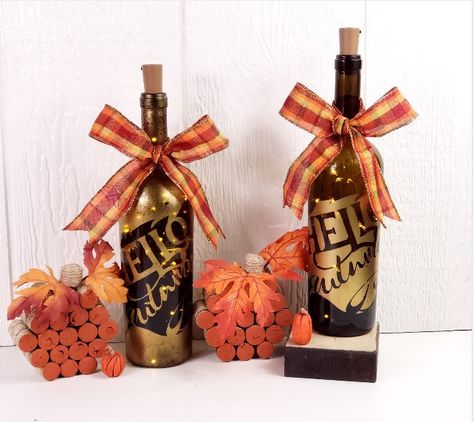 Hello Autumn Up-cycled Wine Bottle Light | Thanksgiving Decoration | Thanksgiving Flameless Centerpiece by 2DogzArt on Etsy Led Bottle Light, Wine Bottle Light, Lighted Wine Bottles, Gold Leaf Painting, Bottle Lights, Thanksgiving Table, Buy Handmade, Hello Autumn, Cool Items