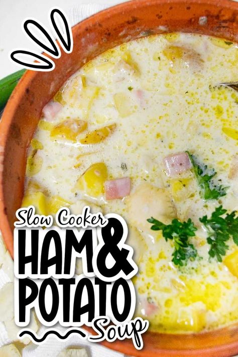 This slow cooker ham and potato soup is easy to make, creamy, hearty, and full of chunky potatoes, ham, and onions. Top it with cheddar cheese and sour cream. It's such an easy recipe for busy weeknights. Crockpot Ham And Potato Soup, Easy Crockpot Ham, Crockpot Ham And Potatoes, Slow Cooker Potato Soup, Ham And Potato Soup, Ham Potato, Crockpot Ham, Slow Cooker Ham, Creamy Potato Soup