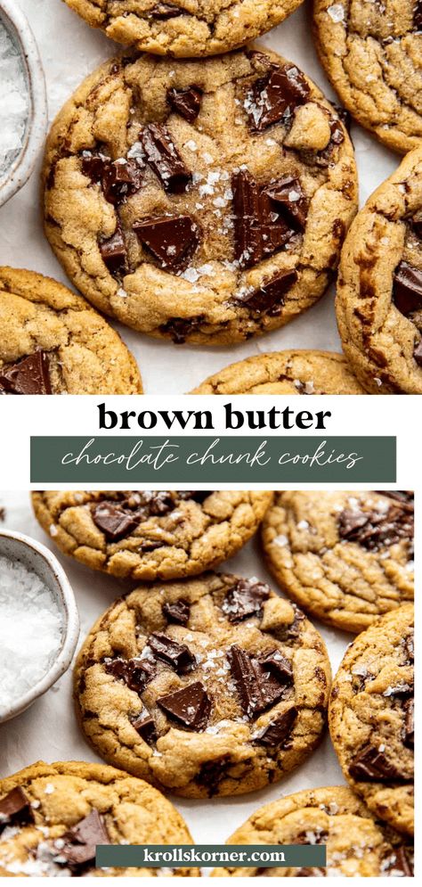 Brown Butter Chocolate Chunk Cookies • Kroll's Korner Krolls Cookies Recipe, Browned Butter Cookies, Chocolate Chunk Cookie Recipe, Brown Butter Cookies, Gourmet Cookies, Cookie Swap, Sugar Sugar, Chocolate Chunk, Chocolate Chunk Cookies