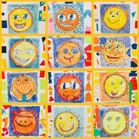 First Grade Shapes, Square One Art, Organic Shapes Art, Sun Theme, Grade 1 Art, Sun Crafts, Christmas Primitive Crafts, Art Education Lessons, Kindergarten Art Projects