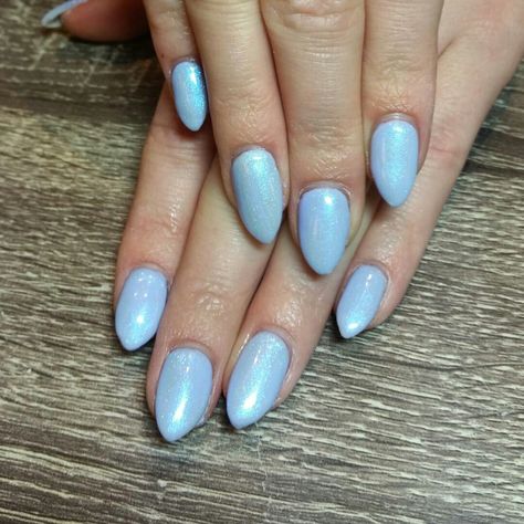 Shimmery Light Blue Nails, Opal Blue Nails, Shimmer Blue Nails, Light Blue Shimmer Nails, Simple Dip Nails Summer, Blue Shimmer Nails, Blue Pearl Nails, Periwinkle Nails, Shimmer Nails