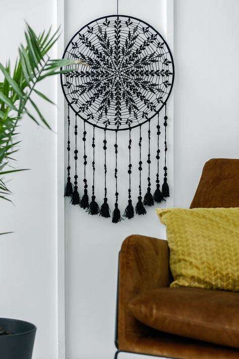 Black dream catcher hanging on the white wall. Black Dreamcatcher, Big Dream Catchers, Black Dream Catcher, Macrame Dream Catcher, Crochet Dreamcatcher, Black Macrame, Large Dream Catcher, Macrame Wall Decor, Interior Wall Decor