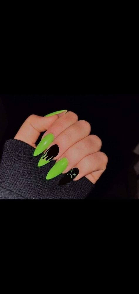 Blue Neon Green Nails, Black Nails And Green, Matte Black And Lime Green Nails, Green And Black Acrylic Nails Designs, Flame Neon Nails, Black Nail Art Acrylic Nails, Black Nails Green Flames, Nail Ideas Lime Green, Dark Green Nails Inspiration