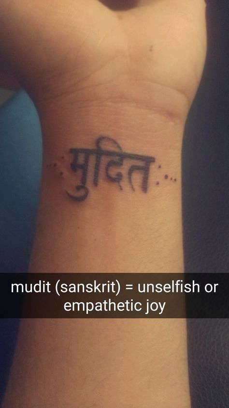 Mudita Sanskrit Tattoo, Sanskrit Tattoo Symbols Spiritual, Hindi Tattoos Women With Meaning, Hindi Tattoo, Sanskrit Meaning, Inner Happiness, Coordinates Tattoo, Sanskrit Tattoo, Sanskrit Quotes