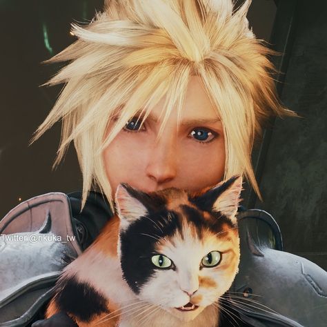 Cloud Strife Cute, Cloud Strife Pfp, Cloti Ff7, Cloud Strife Icon, Cloud Ff7, Hello Kitty Headphones, Holding A Cat, Ff7 Remake, Final Fantasy Cloud Strife