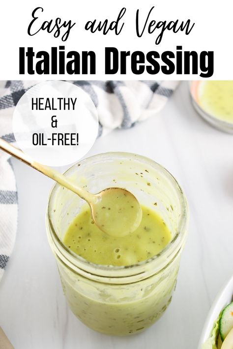 Vegan Italian Dressing (Oil-Free) - Plant Based Jess Healthy Italian Salad, Vegan Italian Dressing, Vegan Picnic Food, Vegan Dressing Recipes, Plant Based Dressing, Healthy Dressings, Vegan Dressings, Oil Free Salad Dressing, Italian Dressing Recipes