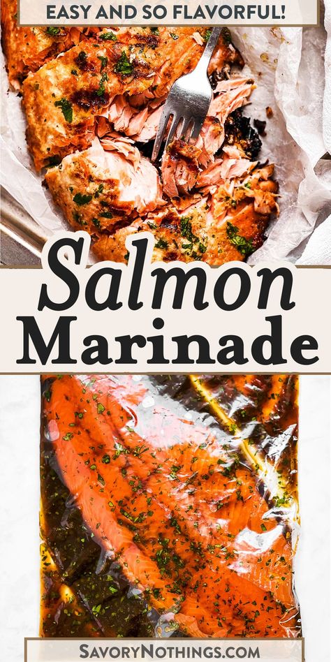 This easy Salmon Marinade is made with simple ingredients to add so much flavor to your fish. It's a family favorite for summer grilling! | #salmon #summer #grilling #summerrecipes #salmonrecipes #easyrecipes #marinade #dinner Marinated Grilled Salmon Recipes, Marinate For Salmon Easy Recipes, Italian Herb Salmon Marinade, Grilled Whole Salmon Recipes, Marinades For Salmon Grilling, Salmon Italian Dressing, Salmon Recipes Bbq Grilled, Salmon Steak Marinade, Honey Mustard Salmon Marinade