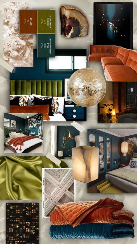 Orange Brown Bedroom Ideas, Green Blue And Orange Color Scheme, Orange And Teal Aesthetic, Dark Teal Bedroom Ideas, Teal Room Decor, Jewel Tone Living Room, Teal Living Room, Pinterest Bedroom, Copper Room