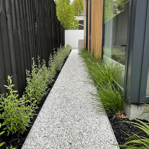 Small Modern Garden, Modern Garden Ideas, Landscaping Modern, Front Lawn Landscaping, Gravel Landscaping, Narrow Garden, Side Yard Landscaping, Modern Front Yard, Pathway Landscaping