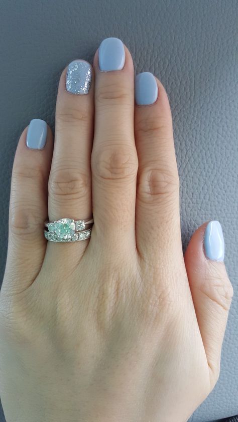 Light Blue Nails With Glitter Accent, Gel Nails Ideas Light Blue, Dusty Blue Pedicure, Cute Light Blue Nails Short, Blue Nails With Sparkle Accent, Light Blue And Silver Nails Short, Light Blue With Glitter Nails, Light Blue Manicure Ideas, Light Blue Nails With Silver Glitter