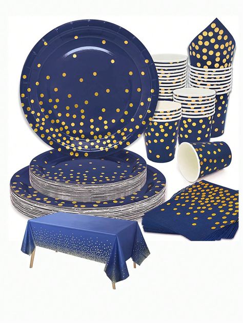 41pcs Navy Blue & Gold Polka Dots Party Tableware Set With Paper Plates, Napkins, Cups, Tablecloth For Graduation, Birthday, Retirement, Wedding Party Multicolor    Paper     Kitchen & Dining, size features are:Bust: ,Length: ,Sleeve Length: Navy Blue White And Gold Birthday Party, Navy Blue Gold And White Party Decor, Navy Blue And Gold Birthday, Navy Blue And Gold 60th Birthday, Navy And Gold Birthday, Paper Kitchen, Gold Birthday Party Decorations, Gold Table Setting, Polka Dot Party