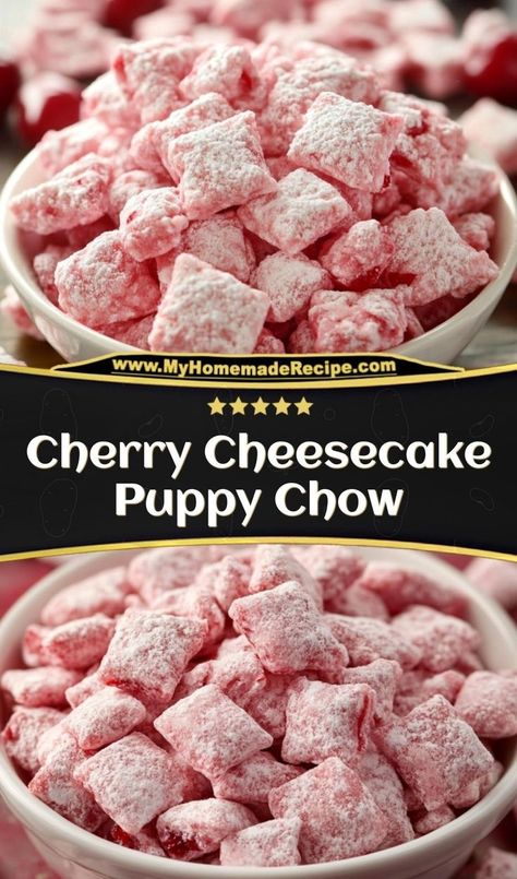 This cherry cheesecake puppy chow is the best puppy chow for a fruity twist. Sweet, crunchy, and full of cheesecake flavor, it’s the ultimate snack for cheesecake lovers Cheesecake Puppy Chow, Birthday Puppy Chow, Red Velvet Puppy Chow, Maraschino Cherry Cheesecake, Cherry Cheesecake Puppy Chow, Strawberry Muddy Buddies, Strawberry Shortcake Puppy Chow, How To Make Puppy Chow, Puppy Chow Flavors